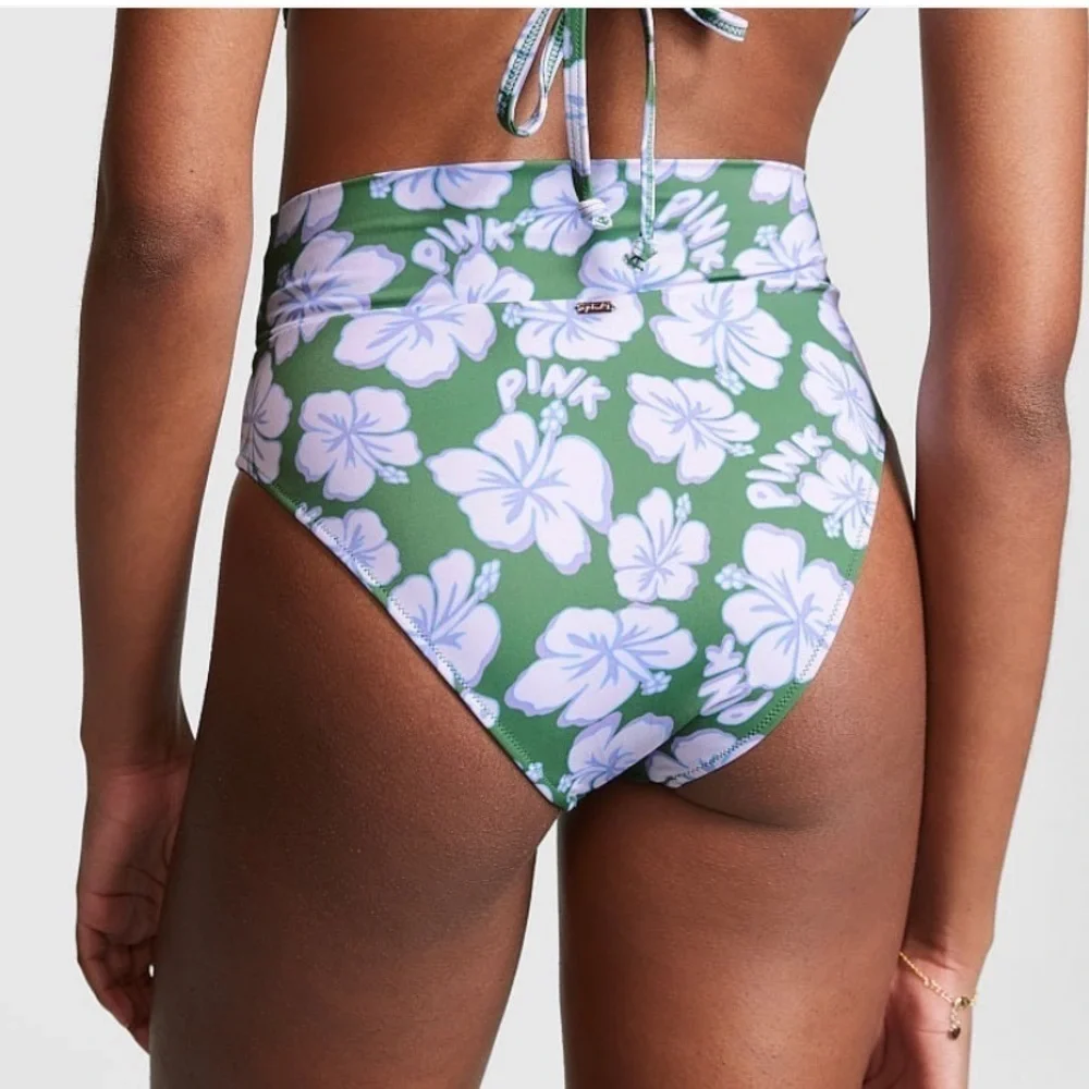 VS Pink V Crossover High-Waist Bikini Bottom Forest Pine Hibiscus